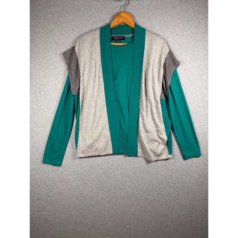 Jones New York Signature Petite PM Colorblock 2-in-1 Cardigan Top Teal Gray 3923